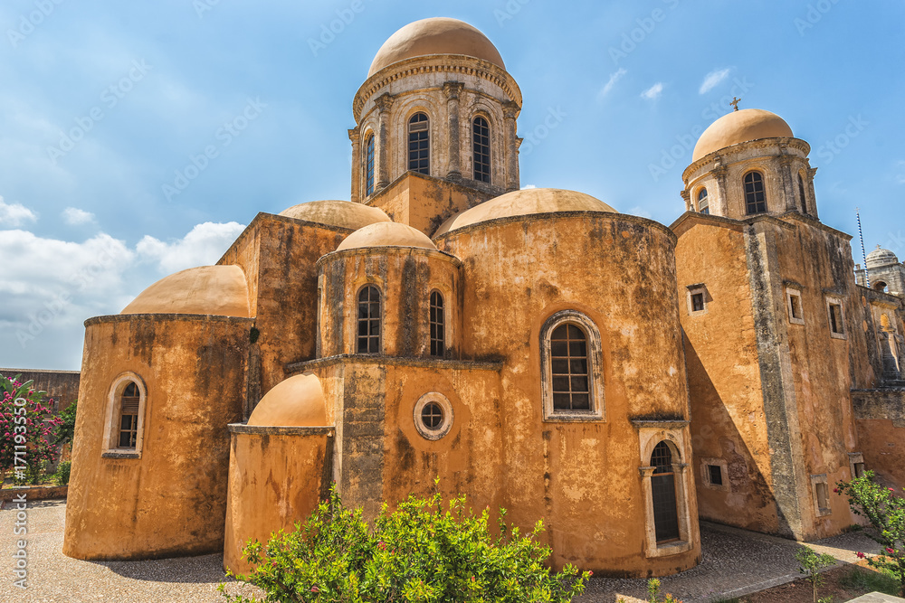 Chania, Greece - August, 2017: Monastery of Agia Triada Tzagaroli in Chania region on Crete island, Greece.