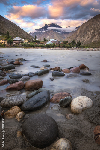 Jispa, Landscape view of Jispa town, Lahaul valley, Himachal Pradesh, India. photo