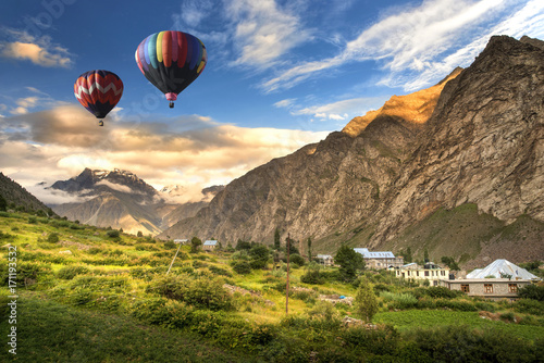 Hot balloon air over Jispa town, Lahaul valley, Himachal Pradesh, India.