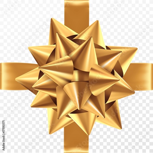 Gold gift bow on a transparent background. Template for postcard, flyer, leaflet design. Vector illustration