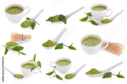 matcha powder in White ceramic spoon isolated on white background