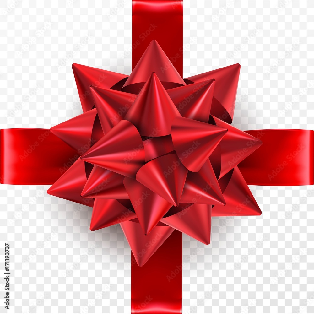 Red gift bow on a transparent background. Template for postcard, flyer, leaflet design. Vector illustration 