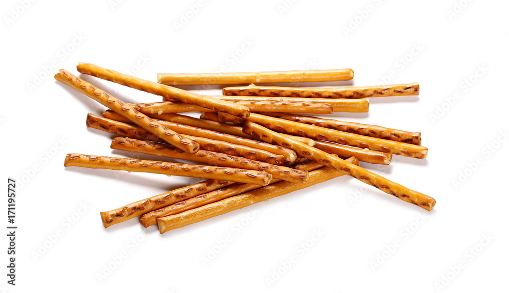 Salty cracker pretzel sticks isolated on white background