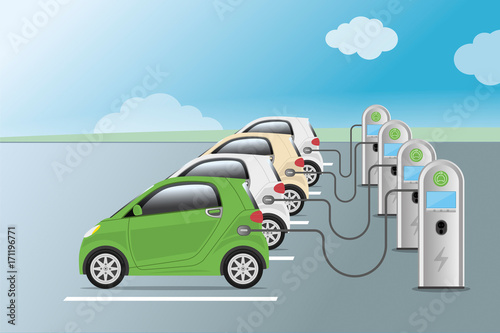 Power supply for electric car charging. Electric car charging station. Hybrid Vehicle, Eco friendly auto or electric vehicle concept.