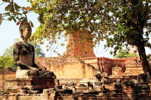 Travel to Ayutthaya, Thailand. The ruins of ancient city with statue of Buddha. Ayutthaya Historical park.