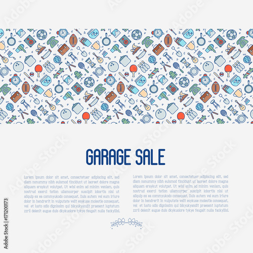 Garage sale or flea market concept with place for text. Thin line vector illustration for banner, web page, print media.