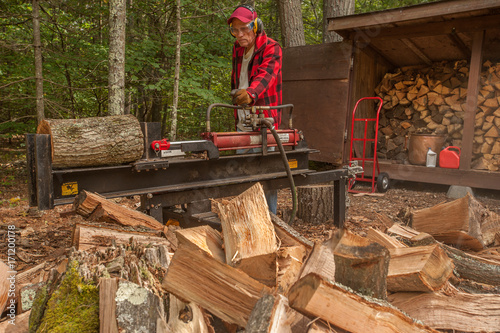 Older man using log splitter near a wood shed photo