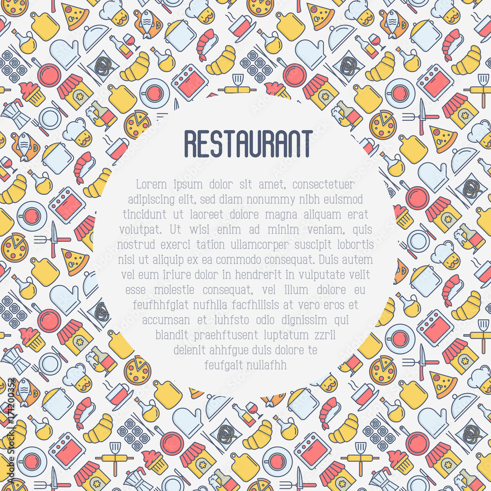 Restaurant concept  with thin line icons: chef, kitchenware, food, beverages for menu or print media. Vector illustration for banner, web page.