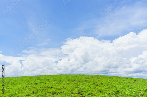 Green grassy hills and soft blue sky clouds