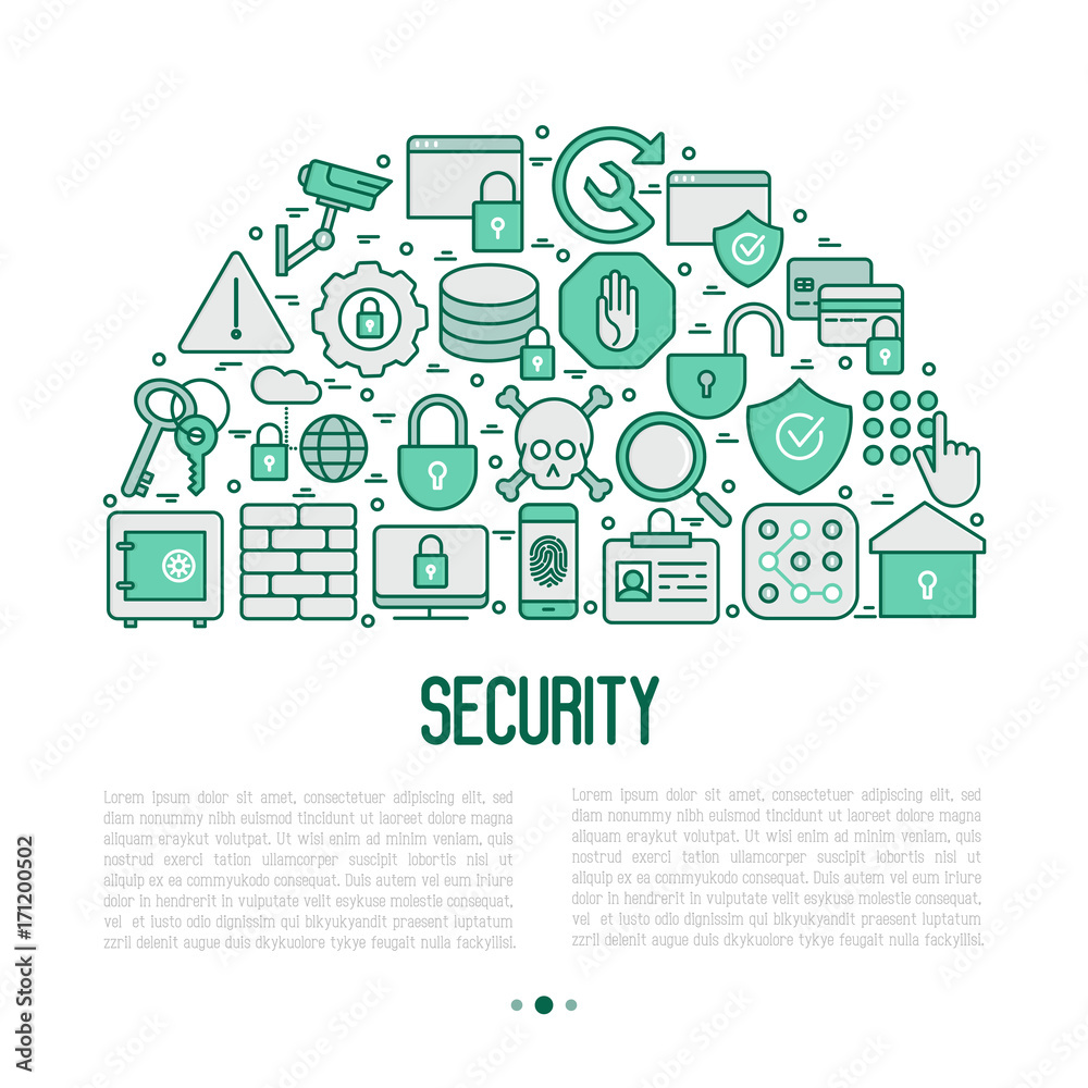 Security and protection concept with thin line icons: data, surveillance camera, finger print, electronic key, password, alarm, safe. Vector illustration for banner, web page, print media.