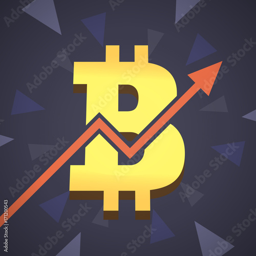 Bitcoin grow up illustration. Big golden bitcoin icon with arrow on backgound.