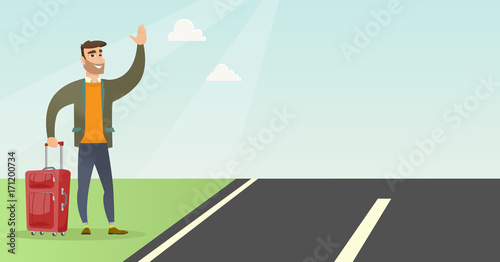 Caucasian man with suitcase hitchhiking on the roadside. Hitchhiking man trying to stop a car on a highway. Man catching a taxi car by waving his hand. Vector cartoon illustration. Horizontal layout.