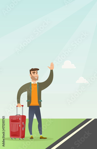 Caucasian man with suitcase hitchhiking on the roadside. Hitchhiking man trying to stop a car on a highway. Man catching a taxi car by waving his hand. Vector cartoon illustration. Vertical layout.