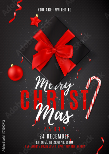 Merry Christmas dark party flyer. Top view on black gift box with satin bow on dark backdrop. Vector illustration with confetti and serpentine. Invitation to nightclub with xmas ball, star and candy.