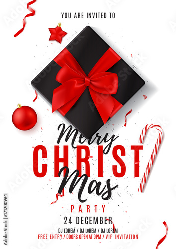 Merry Christmas party poster. Top view on black gift box with satin bow on dark backdrop. Vector illustration with confetti and serpentine. Invitation to nightclub with xmas ball, star and candy.