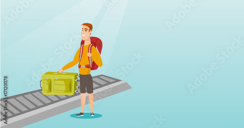 Happy caucasian passenger picking up suitcase from luggage conveyor belt at the airport. Young cheerful passenger taking his luggage from conveyor belt. Vector cartoon illustration. Horizontal layout.