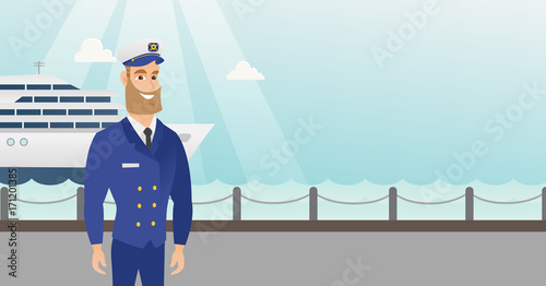 Caucasian ship captain standing on the background of sea and cruise ship. Young smiling ship captain in uniform standing on the seacoast background. Vector cartoon illustration. Horizontal layout.