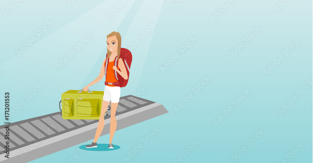 Happy caucasian passenger picking up suitcase from luggage conveyor belt at the airport. Young cheerful passenger taking her luggage from conveyor belt. Vector cartoon illustration. Horizontal layout.