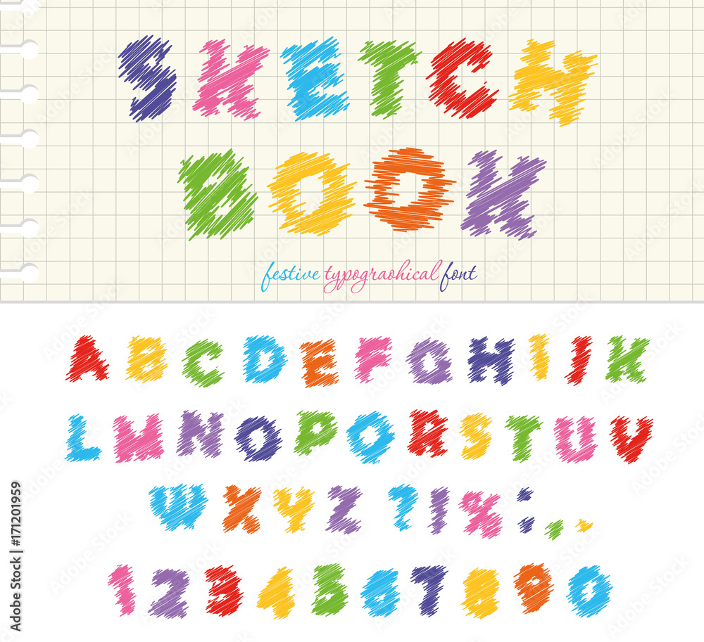 Sketchbook colorful font design. ABC scribble scratchy letters and numbers isolated on white. Sketchbook colorful font design. ABC scribble scratchy letters and numbers isolated on white.