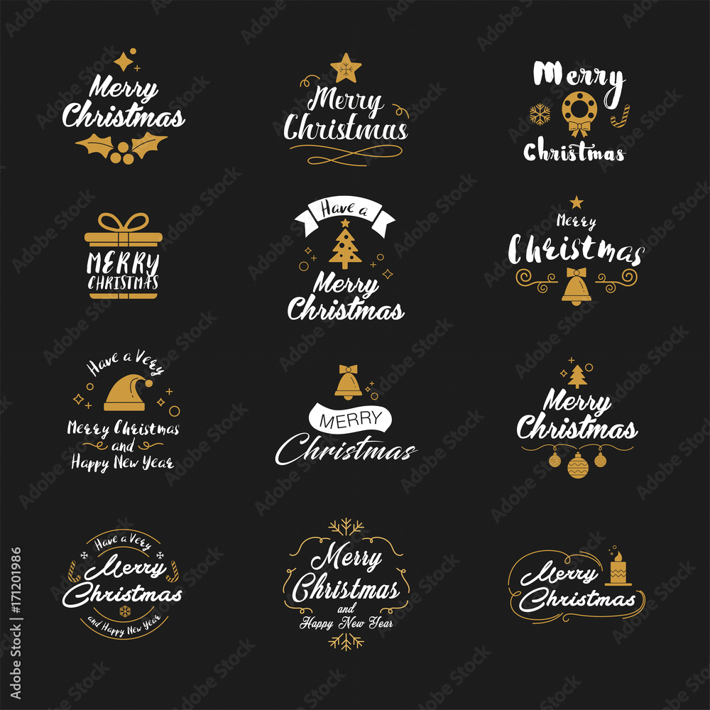 Merry Christmas and Happy New Year icon set. Typography, text design and element icons. Design for postcard, invitation, greeting card, banner, poster and others. Merry Christmas and Happy New Year icon set. Typography, text design and element icons. Design for postcard, invitation, greeting card, banner, poster and others.