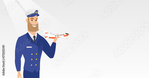 Young caucasian airline pilot holding the model of airplane in hand. Cheerful hipster airline pilot in uniform. Smiling pilot with the model of airplane. Vector cartoon illustration. Horizontal layout