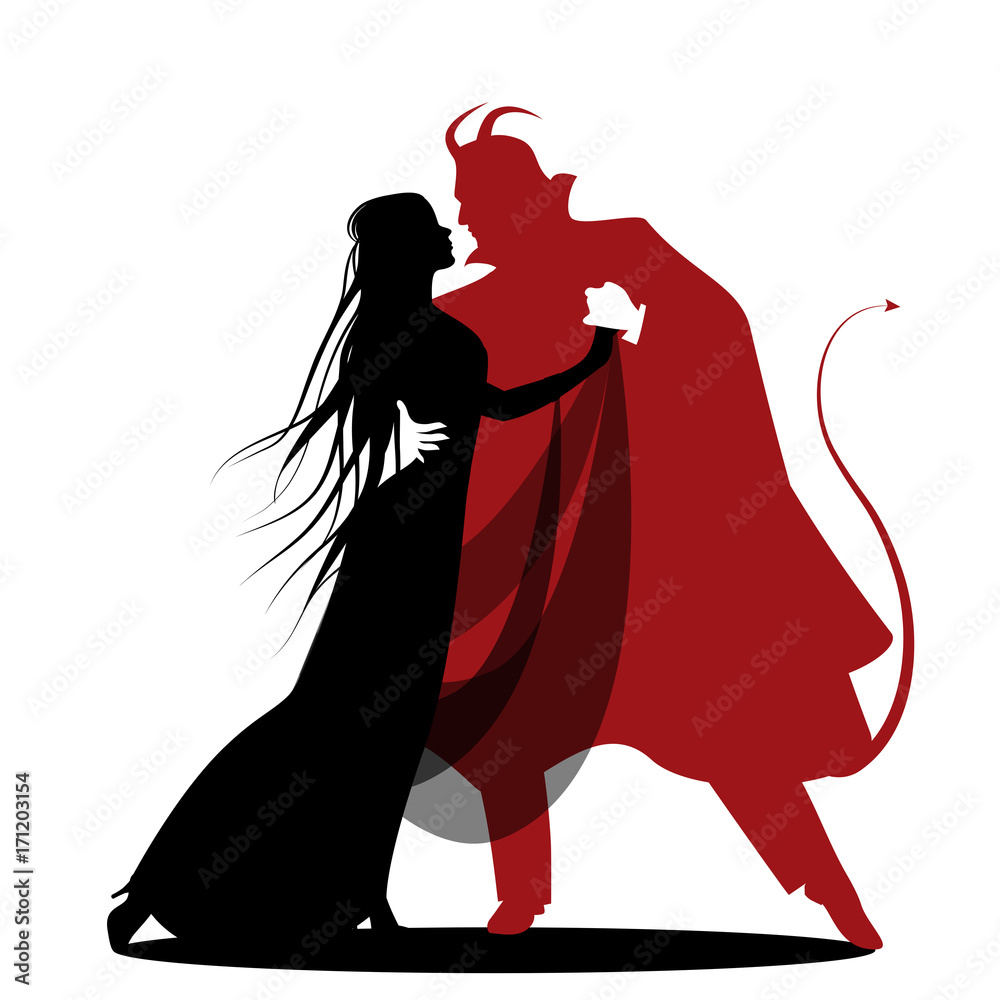 Naklejka premium Silhouette of romantic devil dancing with a lady. Halloween dance. Isolated