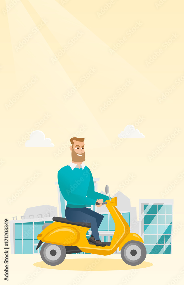 Young caucasian man riding a scooter outdoor. Smiling hipster man with beard traveling on a scooter in the city. Happy man enjoying his trip on a scooter. Vector cartoon illustration. Vertical layout.