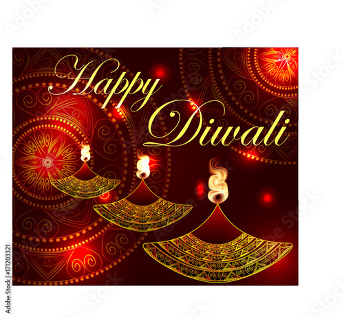 Happy Diwali. Lamp, oil lamp with a burning fire on a mandala background. Red background.