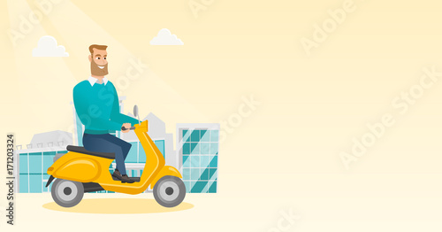 Young caucasian man riding a scooter outdoor. Smiling hipster man with beard traveling on a scooter in the city. Man enjoying his trip on a scooter. Vector cartoon illustration. Horizontal layout.