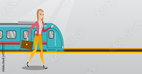 Young caucasian business woman walking on railway station platform on the background of train. Business woman with briefcase going out of the train. Vector cartoon illustration. Horizontal layout.