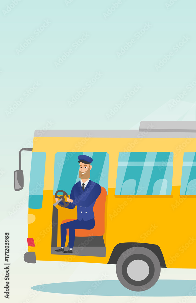 Young caucasian bus driver sitting at steering wheel. Hipster bus driver with beard driving a passenger bus. Smiling bus driver sitting in the driver cab. Vector cartoon illustration. Vertical layout.