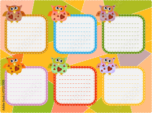 A schedule of lessons, a poster, a plan for six working days decorated with wise owls painted with imitation sewing, patches.