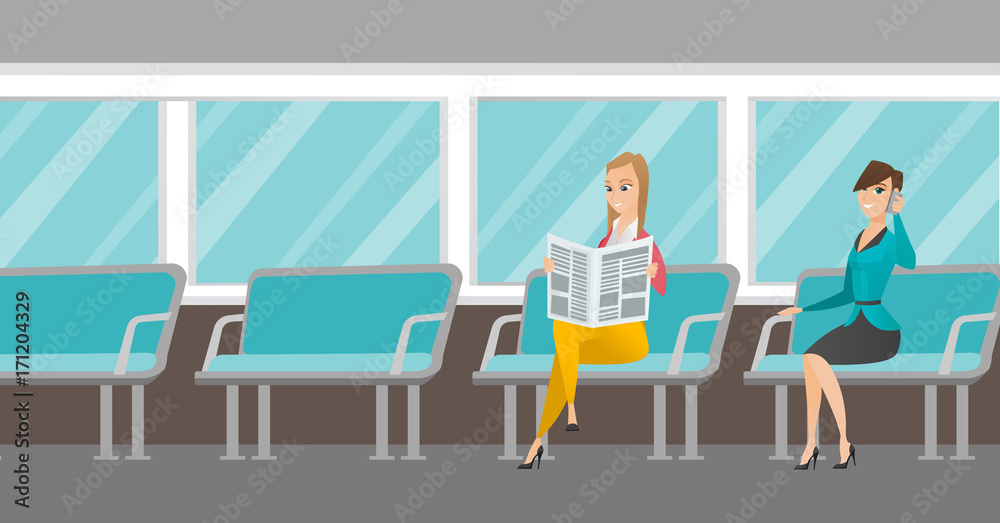 Caucasian women traveling by public transport. Woman using mobile phone while traveling by public transport. Woman reading newspaper in public transport. Vector cartoon illustration. Horizontal layout Caucasian women traveling by public transport. Woman using mobile phone while traveling by public transport. Woman reading newspaper in public transport. Vector cartoon illustration. Horizontal layout