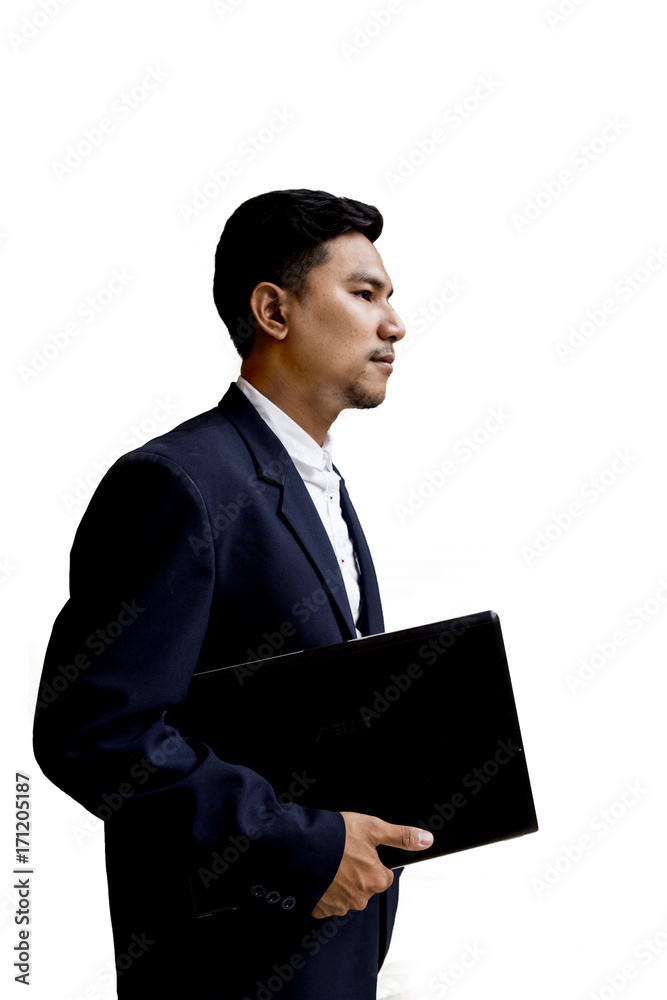 Handsome young Businessman with laptop isolate on white background. Portrait concept. Handsome young Businessman with laptop isolate on white background. Portrait concept.
