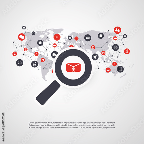 Security Audit, Virus Scanning, Cleaning, Eliminating Malware, Ransomware, Fraud, Spam, Phishing, Email Scam, Hacker Attack Effects and Damage - IT Security Concept Design, Vector illustration