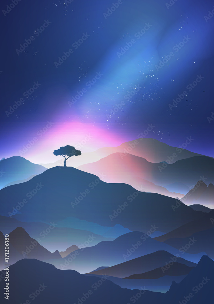 Starry Night in the Mountains with a Lone Tree - Vector Illustration.
