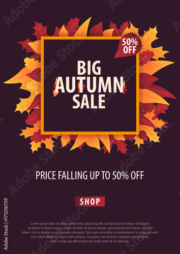 Autumn Background with leaves for shopping sale or promo poster and frame leaflet or web banner. Vector illustration template.