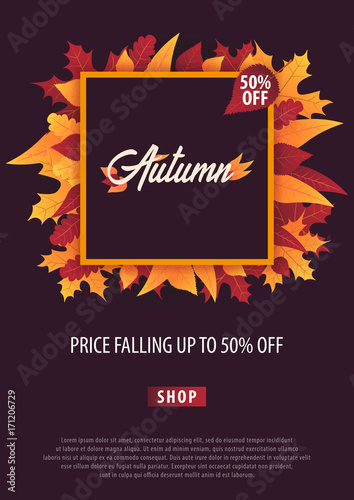 Autumn Background with leaves for shopping sale or promo poster and frame leaflet or web banner. Vector illustration template.