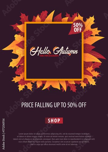 Autumn Background with leaves for shopping sale or promo poster and frame leaflet or web banner. Vector illustration template.