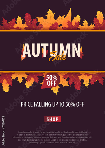 Autumn Background with leaves for shopping sale or promo poster and frame leaflet or web banner. Vector illustration template.
