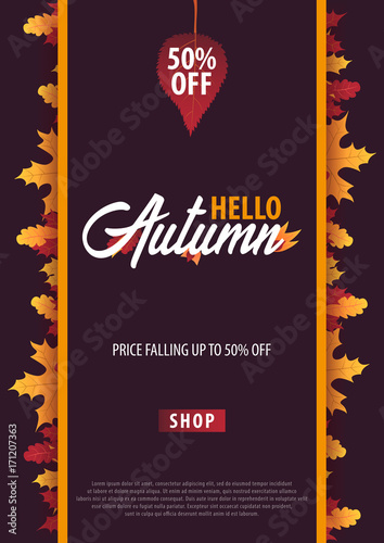 Autumn Background with leaves for shopping sale or promo poster and frame leaflet or web banner. Vector illustration template.
