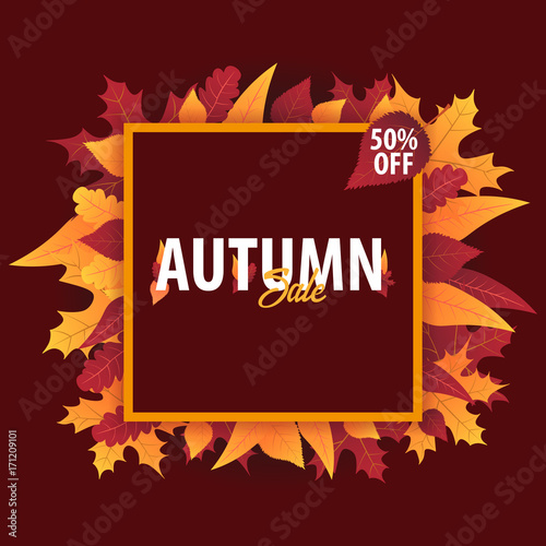 Autumn Background with leaves for shopping sale or promo poster and frame leaflet or web banner. Vector illustration template.