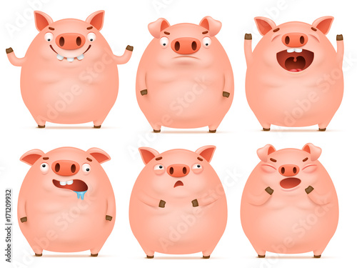 Set of cute cartoon emotional pink pig characters
