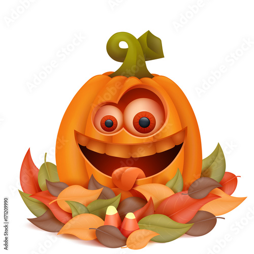 Autumn comosition with halloween cartoon pumpkin emoticon character © nektoetkin