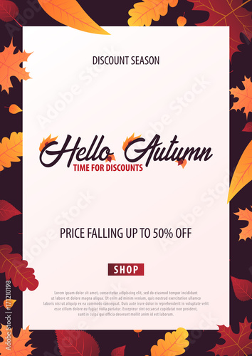 Autumn Background with leaves for shopping sale or promo poster and frame leaflet or web banner. Vector illustration template.