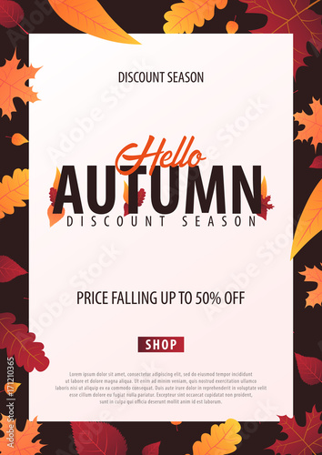 Autumn Background with leaves for shopping sale or promo poster and frame leaflet or web banner. Vector illustration template.