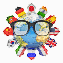 Global communication, education, language learning and translation concept, houses in colors of national flags of world countries around Earth globe with glasses, isolated on white