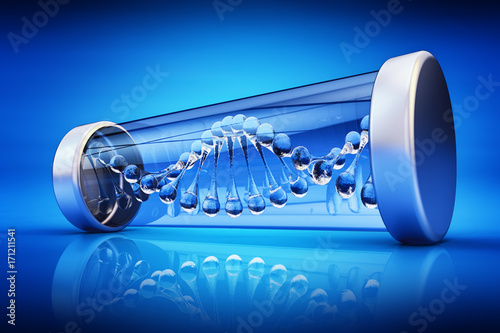 Science and chemistry concept, DNA molecule with helix strands in the closed hermetic container on blue background