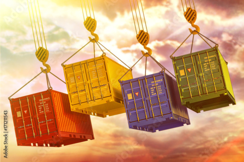 Freight transportation and cargo delivery concept, multicolored containers hoisted by crane hooks on cloudy sky background
