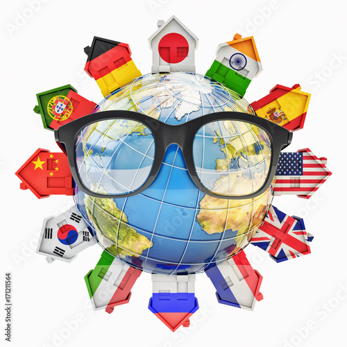 Global communication, education, language learning and translation concept, houses in colors of national flags of world countries around Earth globe with glasses, isolated on white
